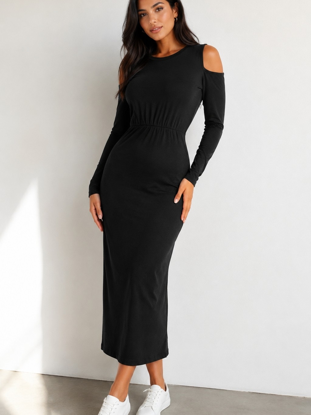 REBDOLLS Black Cold Shoulder Bodycon Midi Dress Plus Size 1X Stretch Cotton Long